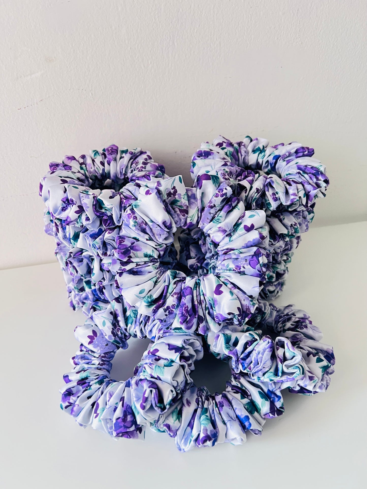 Purple Floral Satin Scrunchie