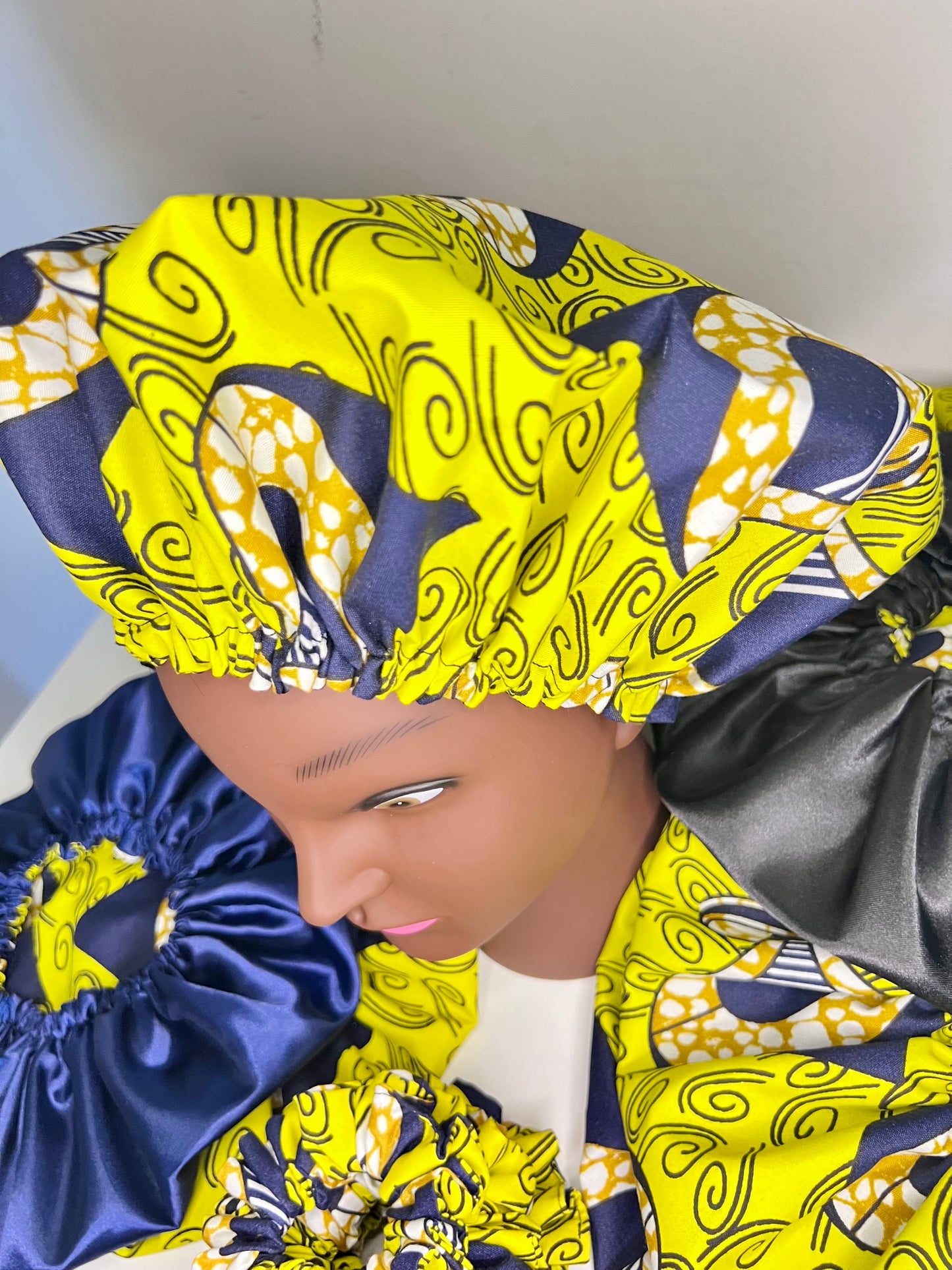 Handmade African Print Satin Bonnet – Yellow & Black Reversible Sleep Cap