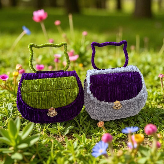 Unique purple and green velvet cat bag