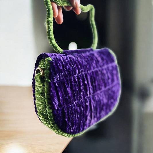 Unique purple and green velvet cat bag