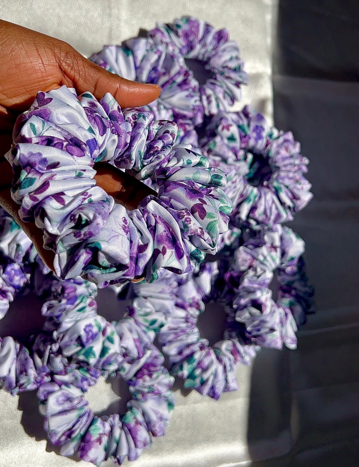 Purple Floral Satin Scrunchie