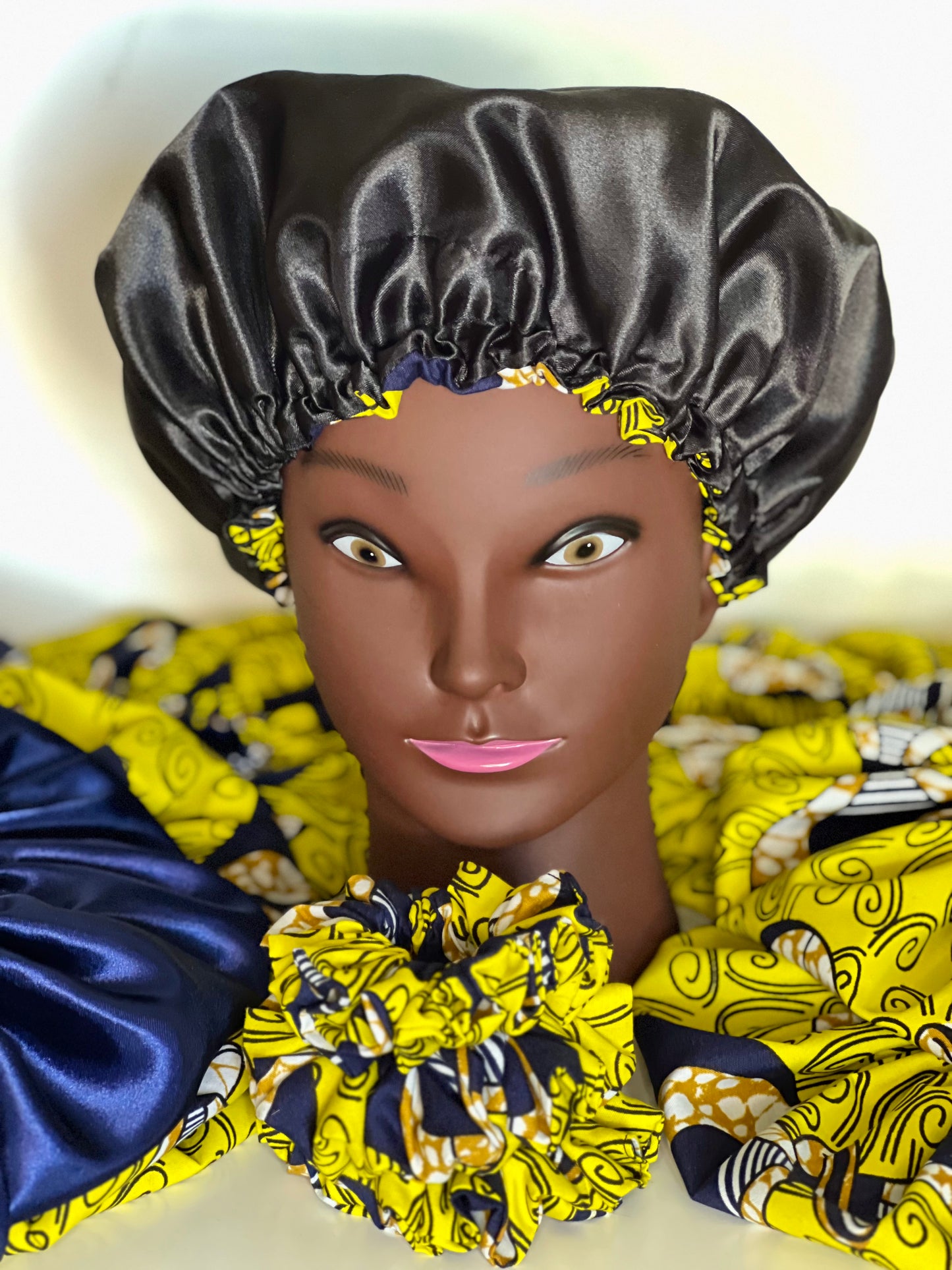 Handmade African Print Satin Bonnet – Yellow & Black Reversible Sleep Cap