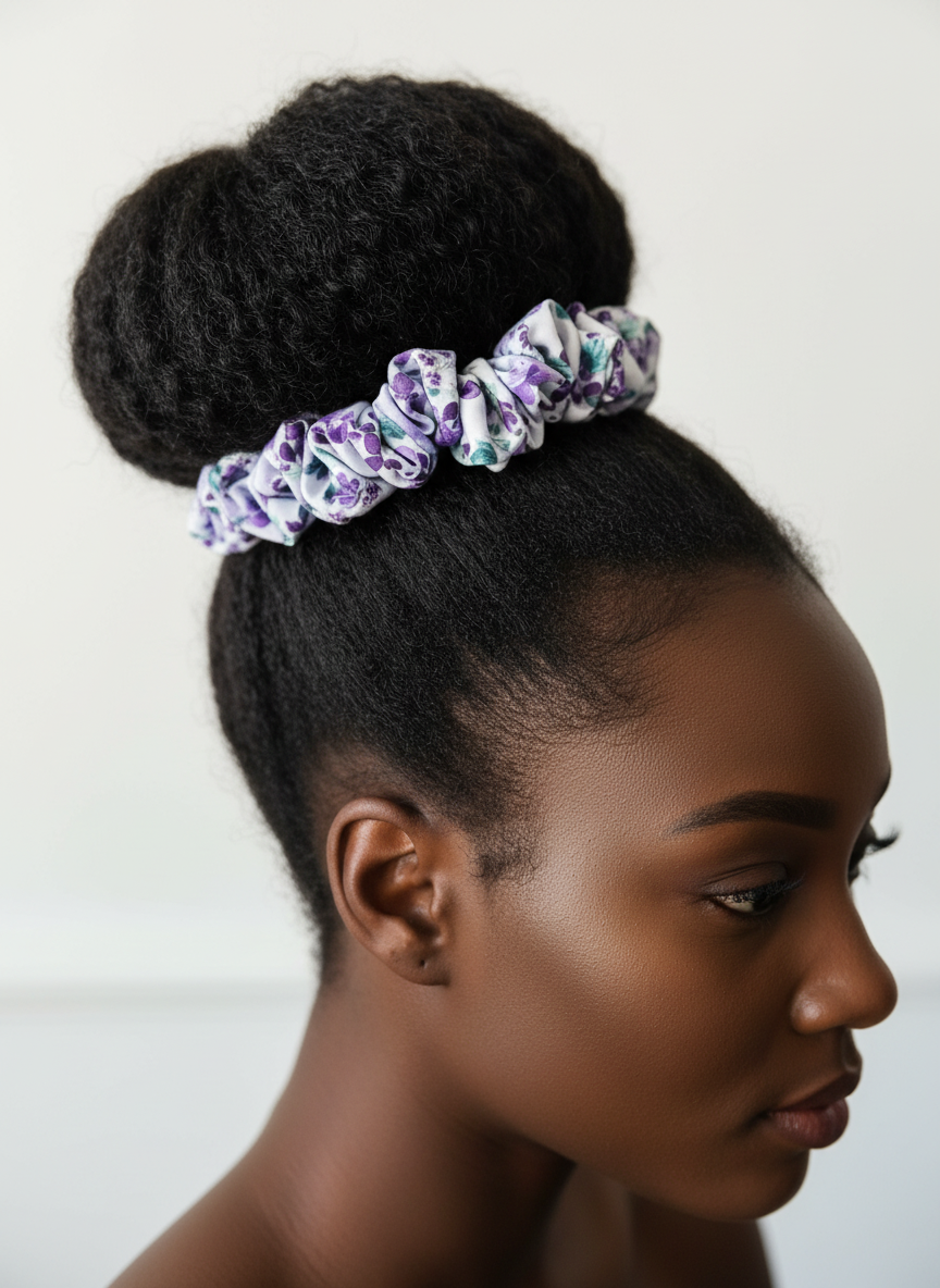 Purple Floral Satin Scrunchie