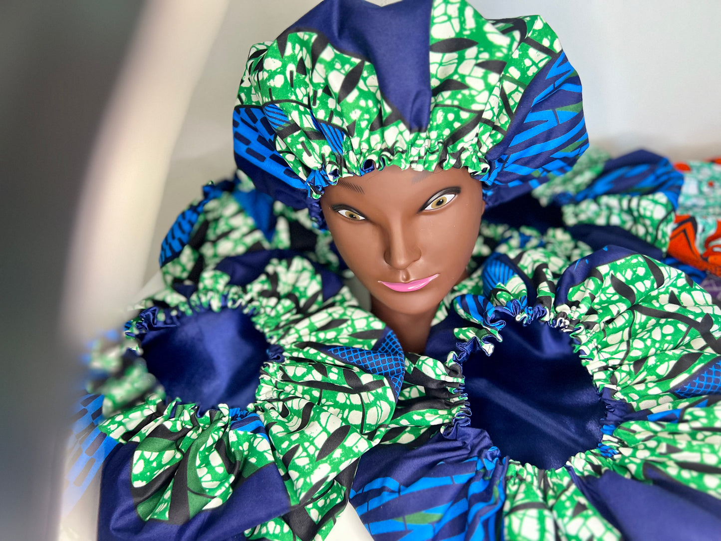 Royal Emerald Satin Bonnet – Handmade African Print Sleep Cap
