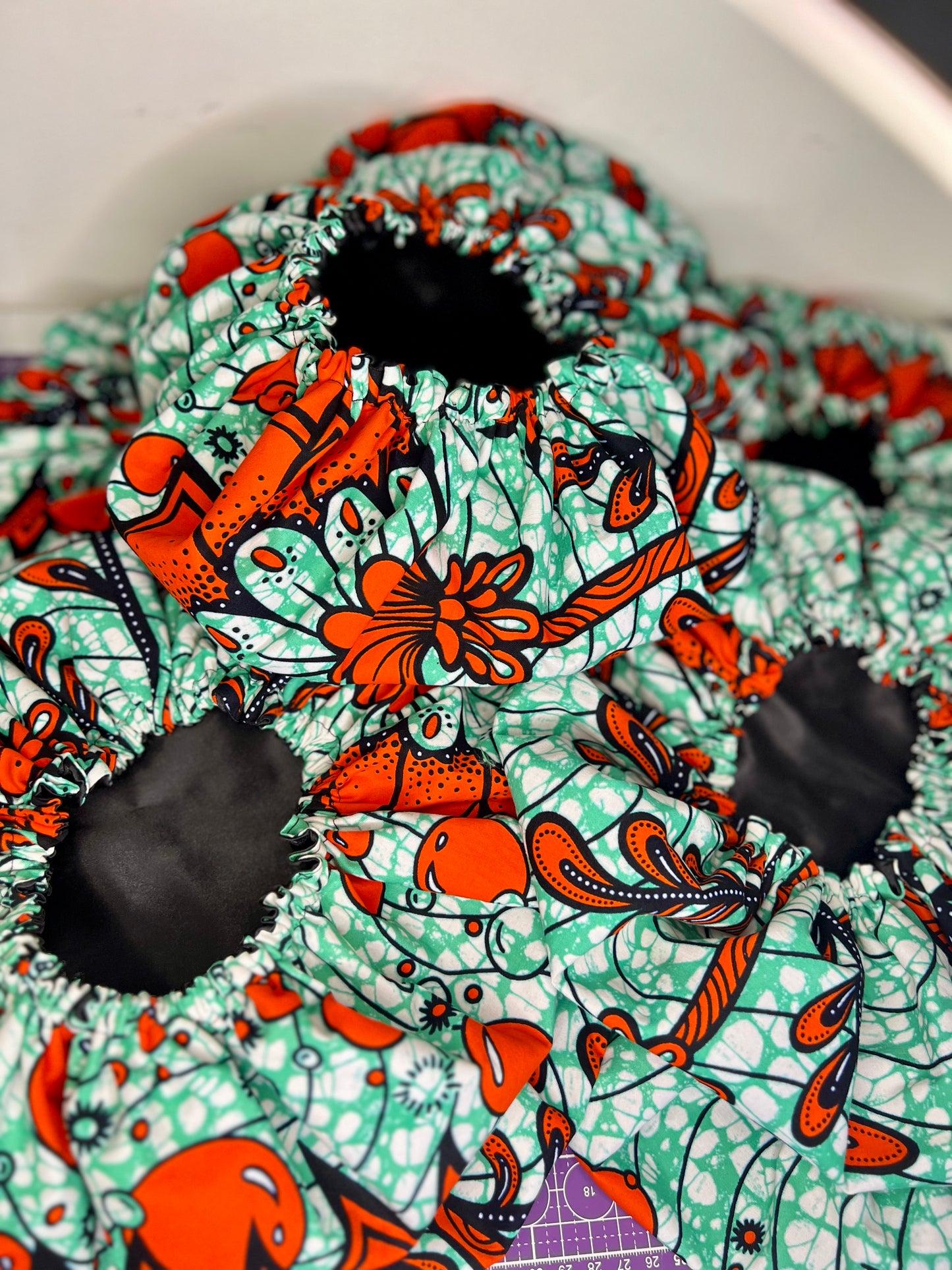 Handmade Mint & Orange African Print Satin Bonnet