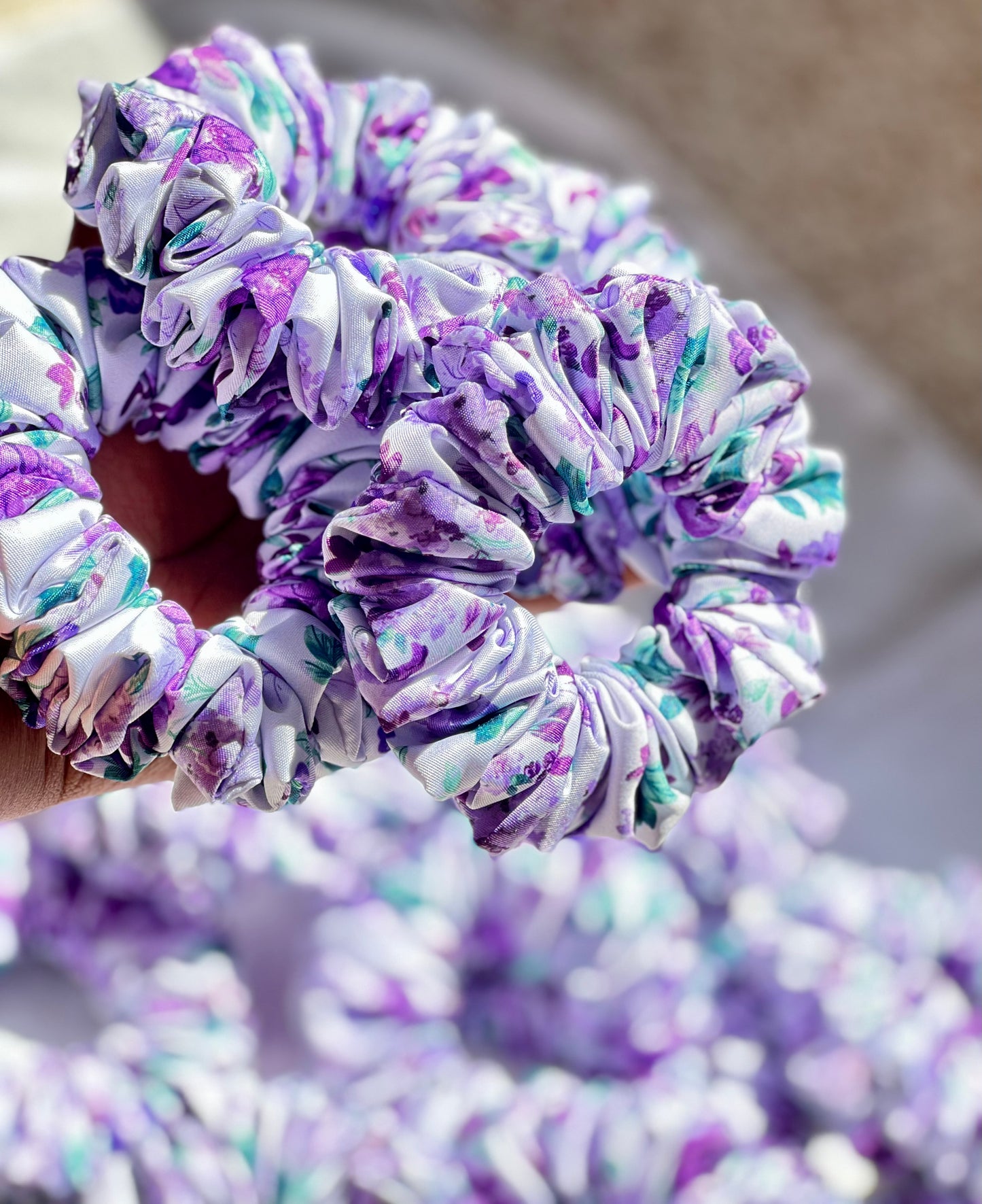 Purple Floral Satin Scrunchie