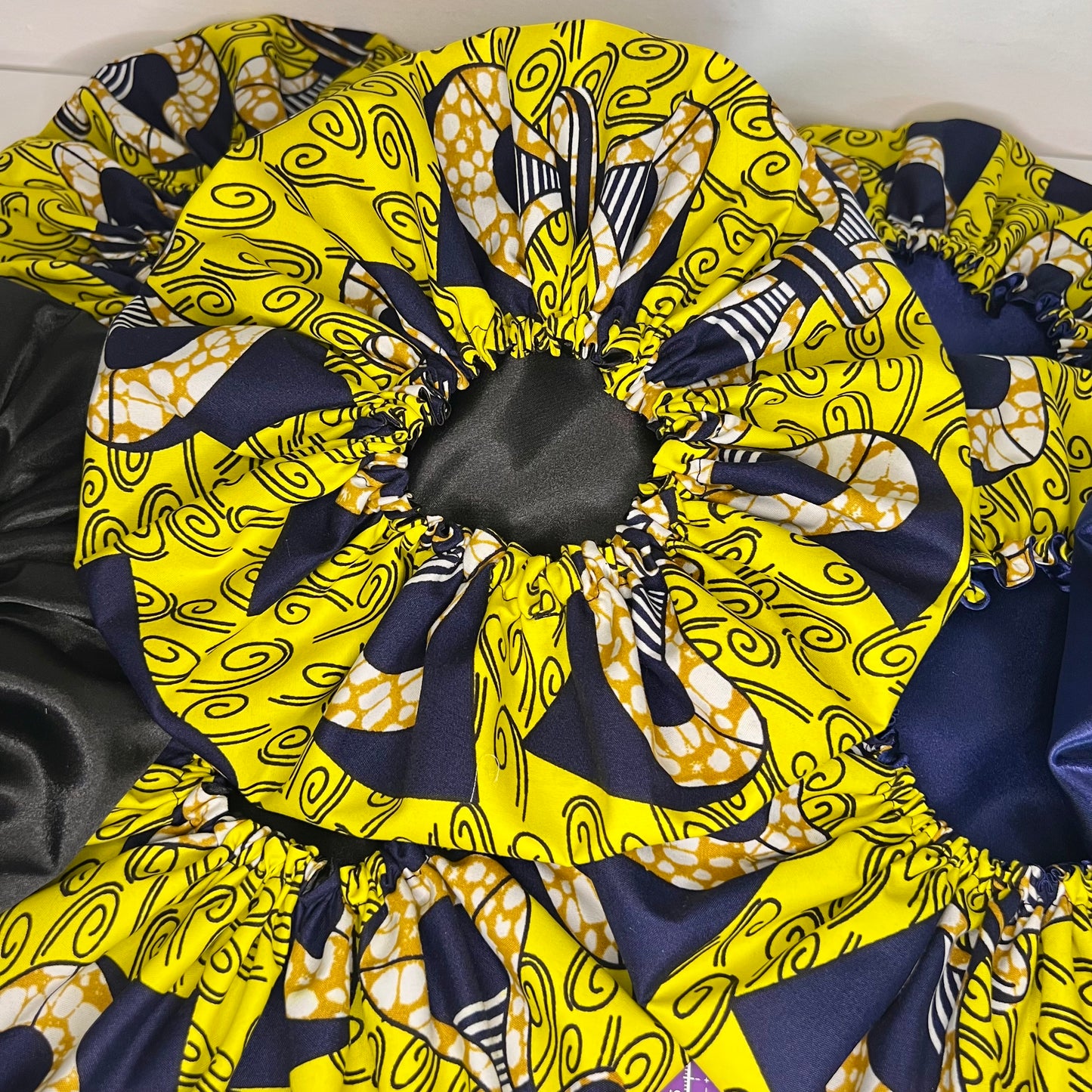 Handmade African Print Satin Bonnet – Yellow & Black Reversible Sleep Cap