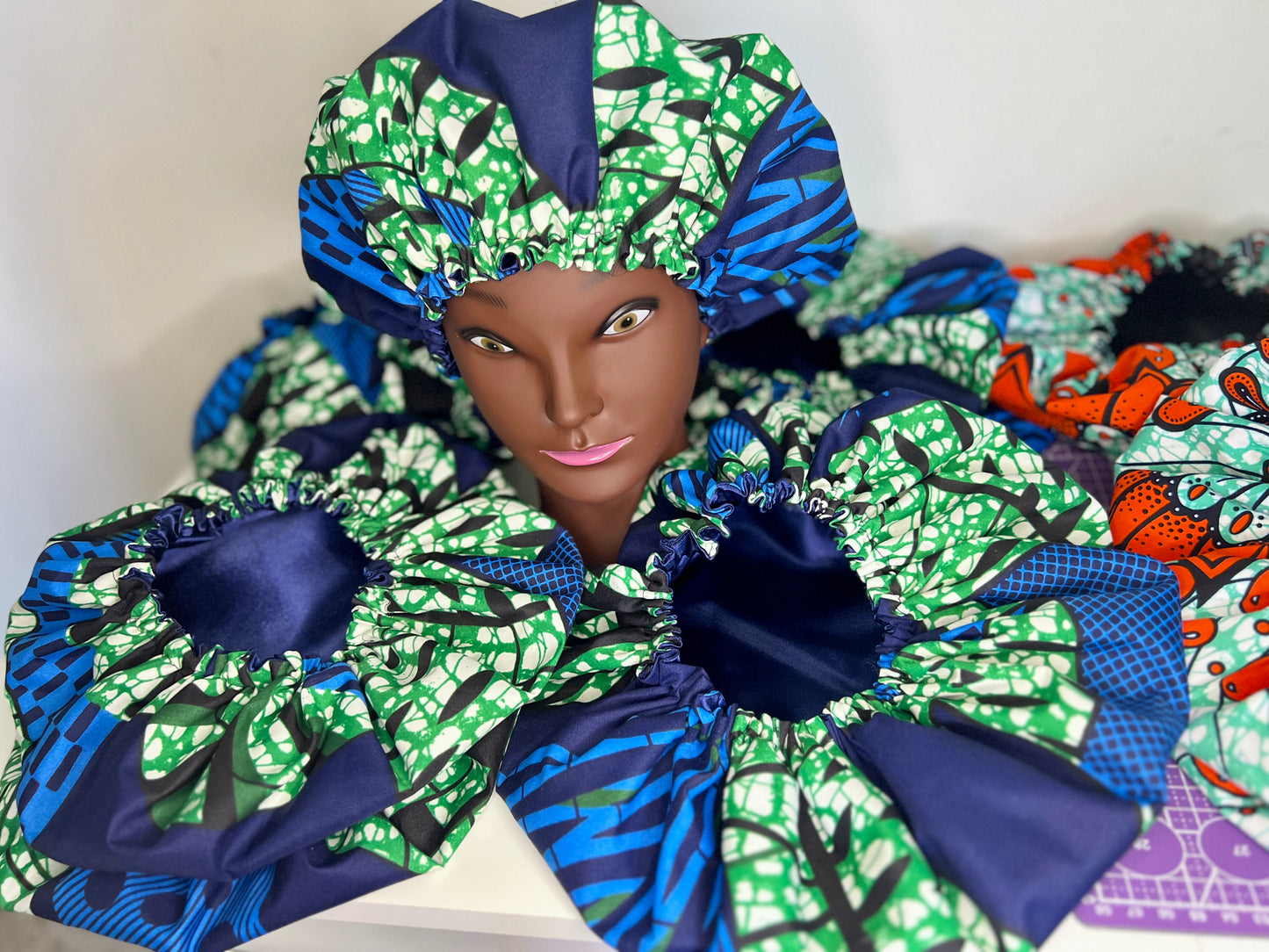 Royal Emerald Satin Bonnet – Handmade African Print Sleep Cap