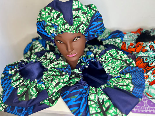 Royal Emerald Satin Bonnet – Handmade African Print Sleep Cap