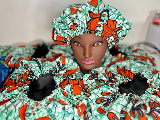 Handmade Mint & Orange African Print Satin Bonnet