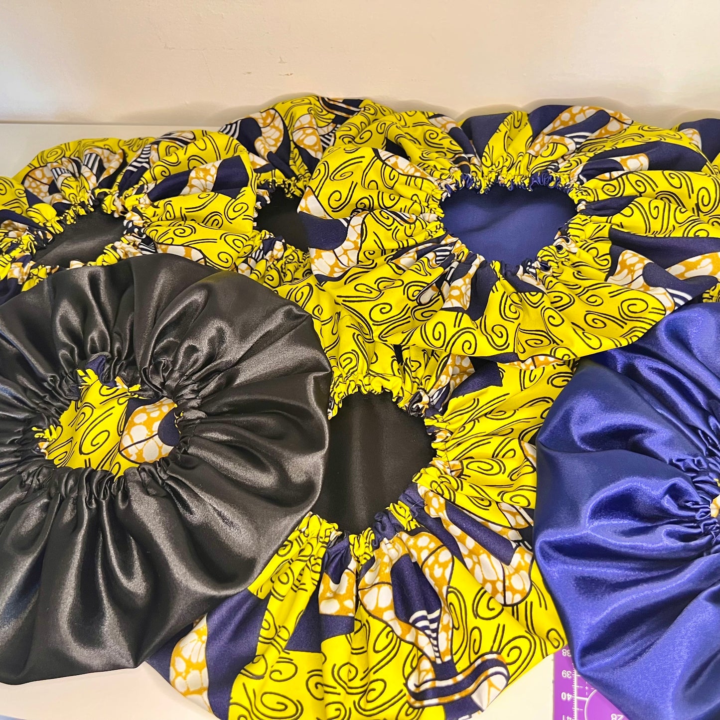 Handmade African Print Satin Bonnet – Yellow & Black Reversible Sleep Cap