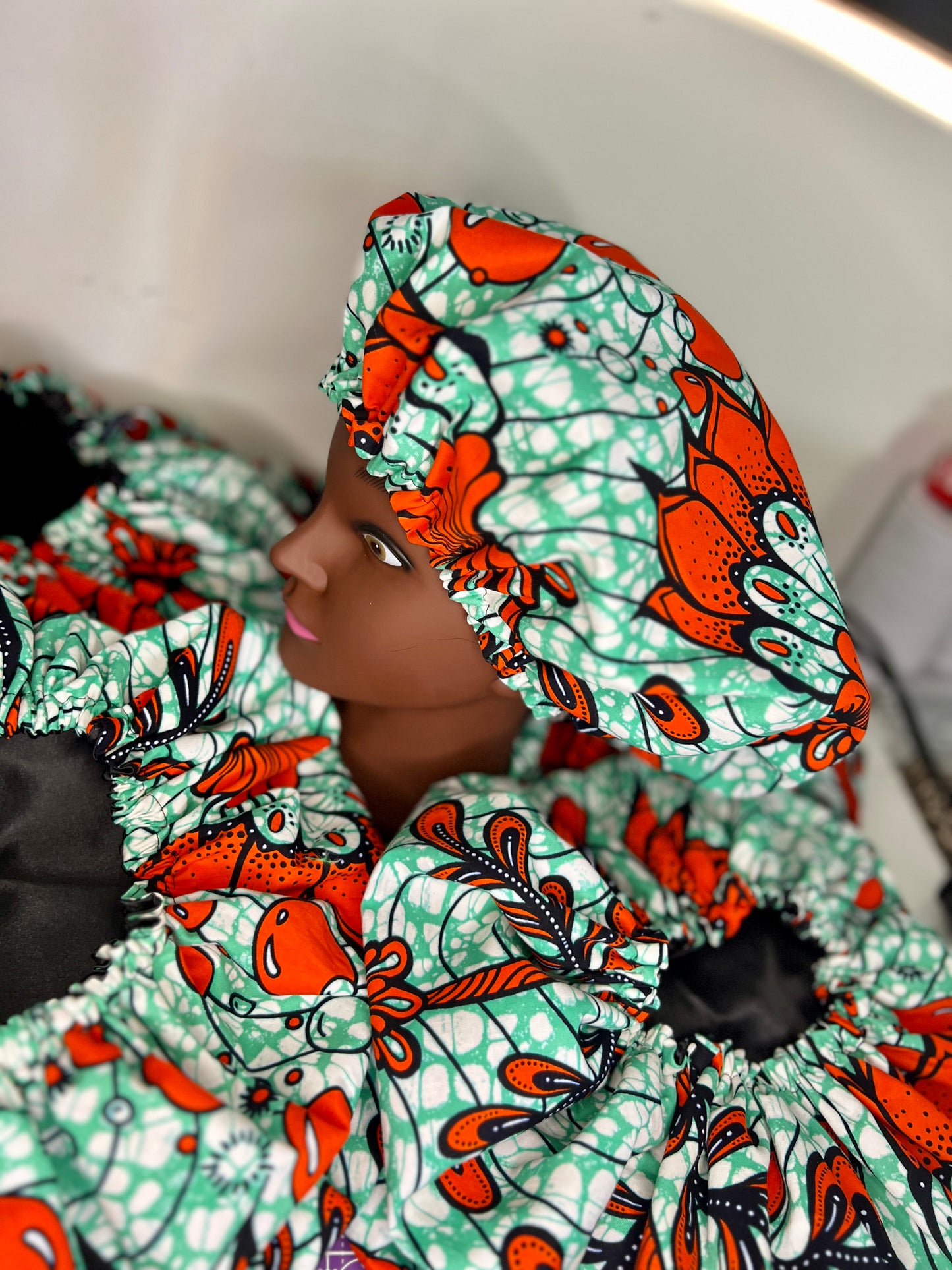 Handmade Mint & Orange African Print Satin Bonnet
