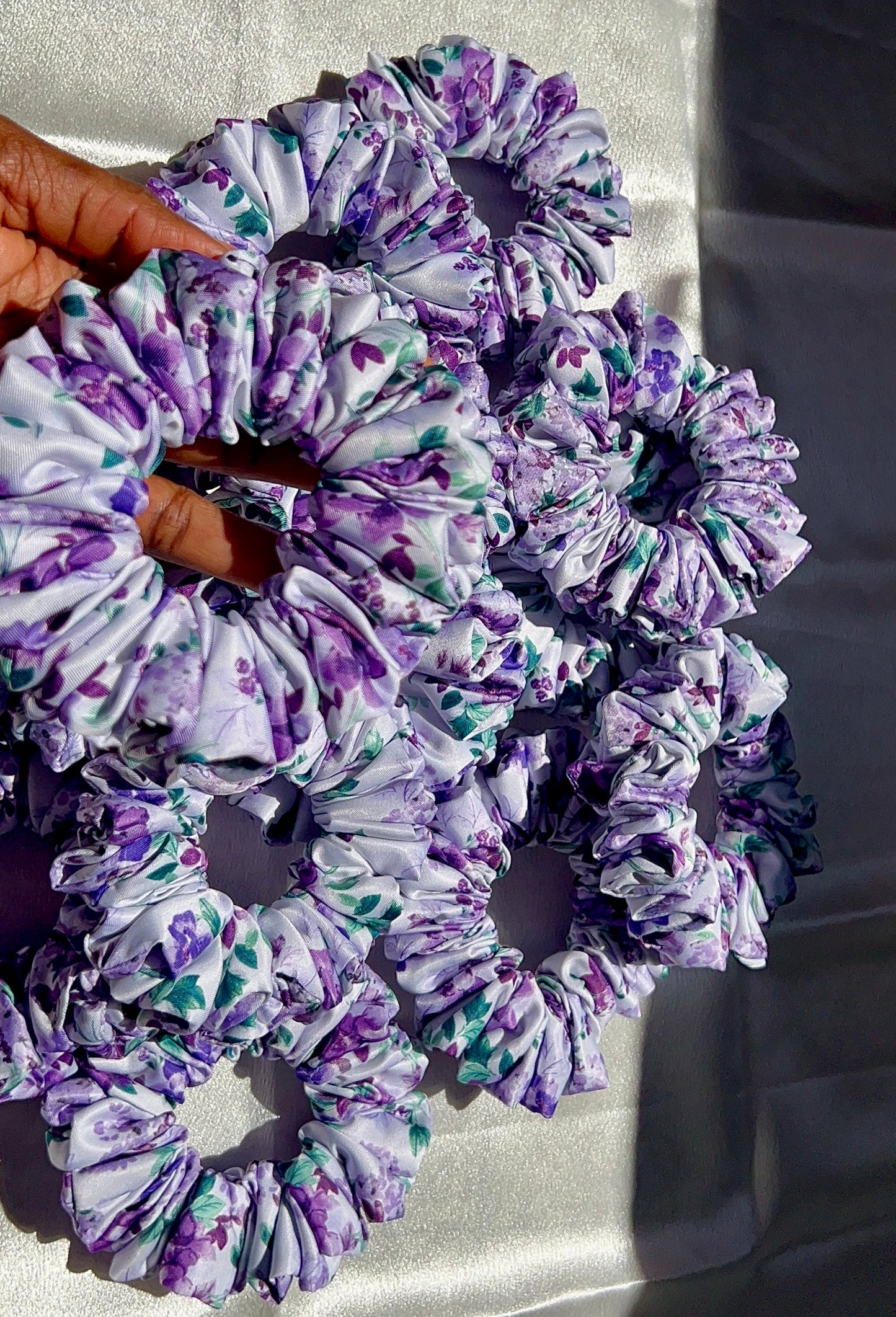 Purple Floral Satin Scrunchie