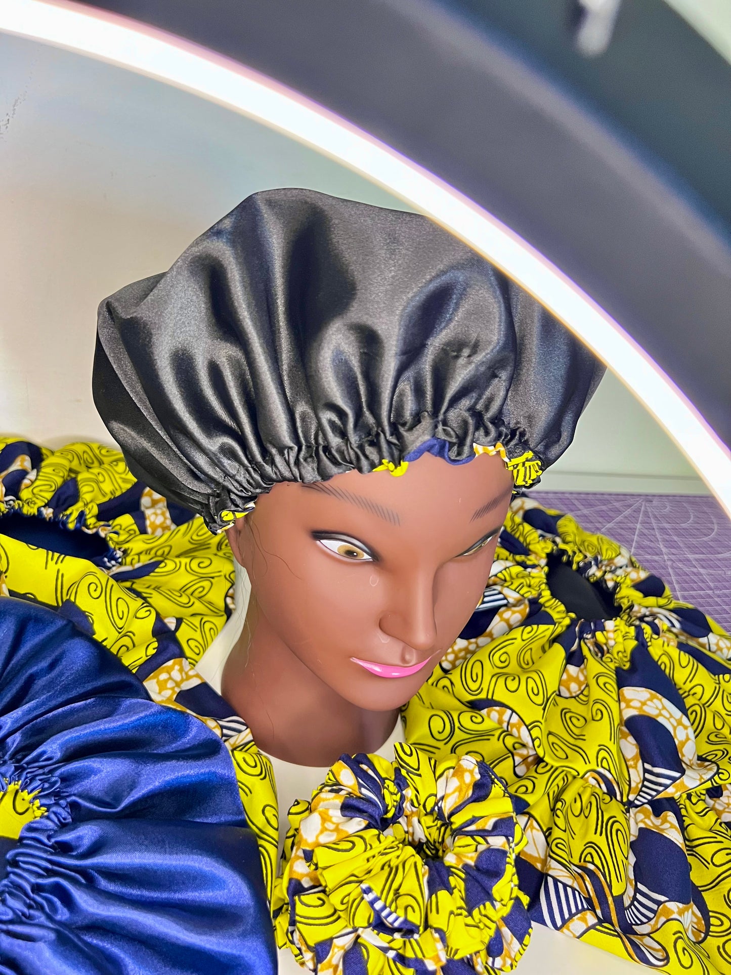 Handmade African Print Satin Bonnet – Yellow & Black Reversible Sleep Cap