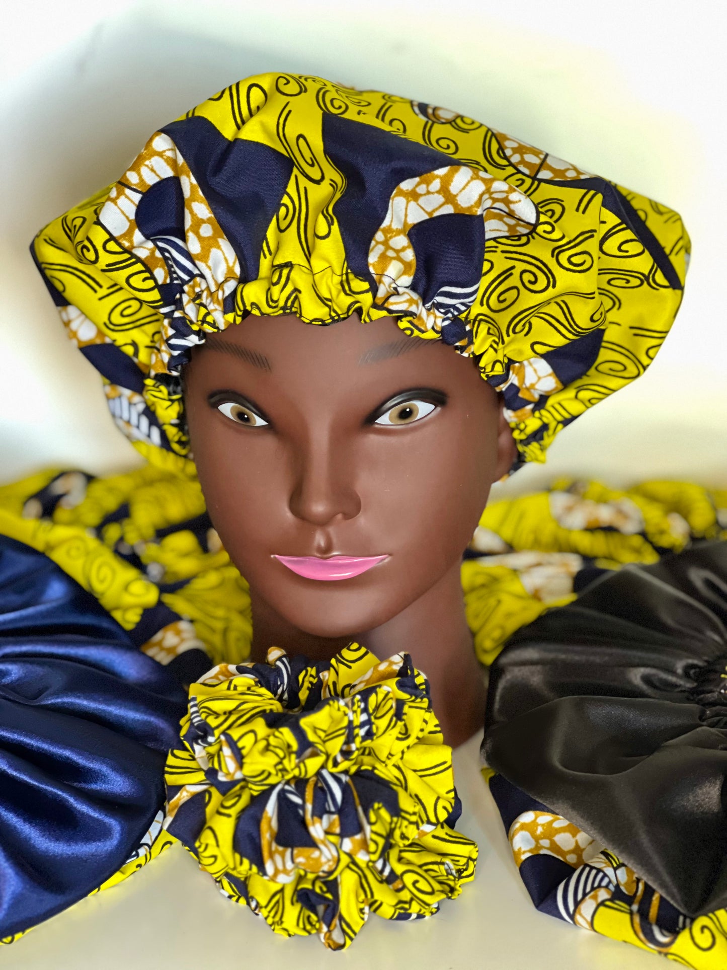 Handmade African Print Satin Bonnet – Yellow & Navy Blue Reversible Sleep Cap