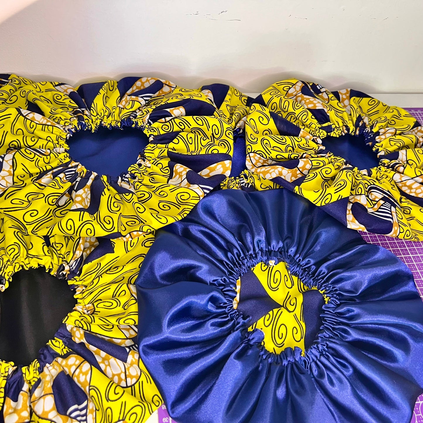 Handmade African Print Satin Bonnet – Yellow & Navy Blue Reversible Sleep Cap