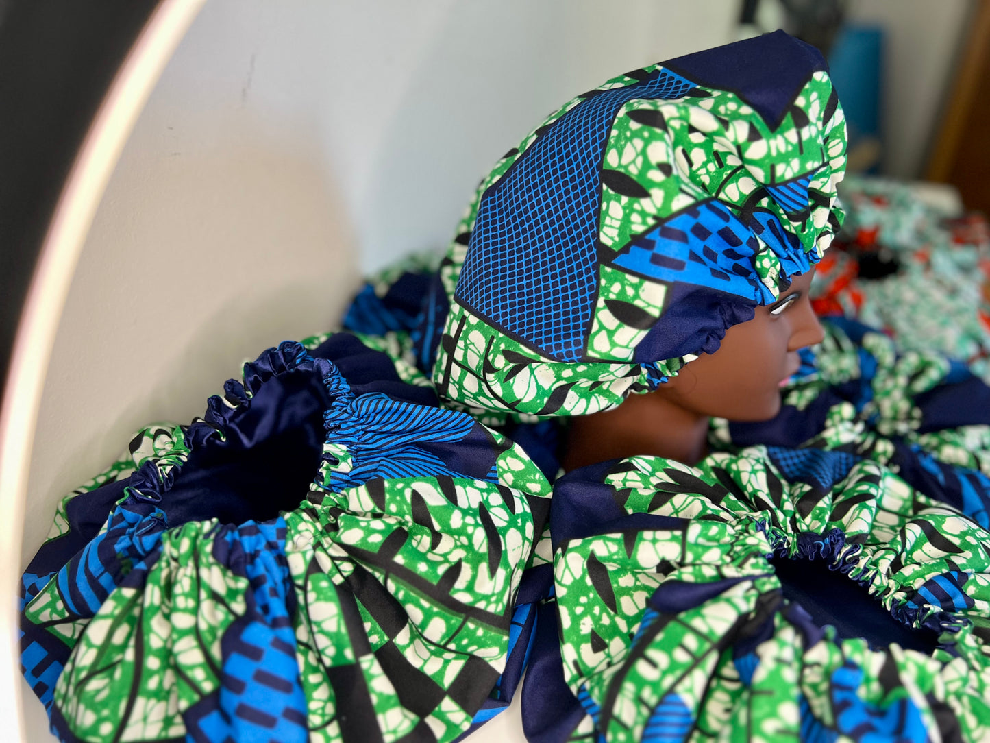 Royal Emerald Satin Bonnet – Handmade African Print Sleep Cap