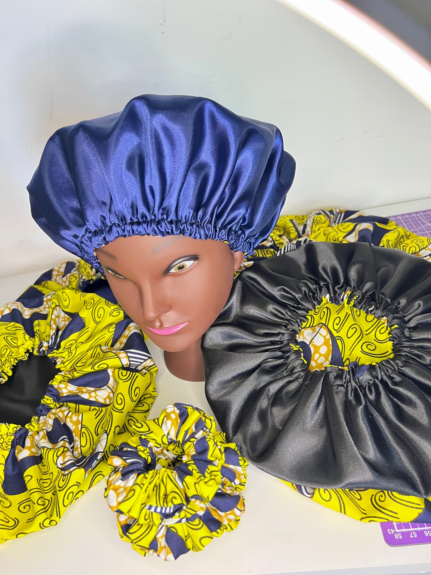 Handmade African Print Satin Bonnet – Yellow & Navy Blue Reversible Sleep Cap