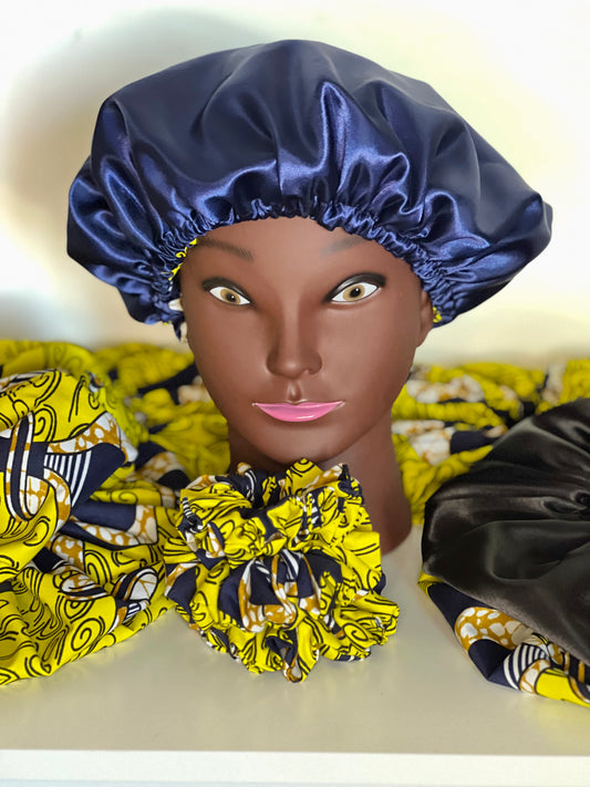 Handmade African Print Satin Bonnet – Yellow & Navy Blue Reversible Sleep Cap