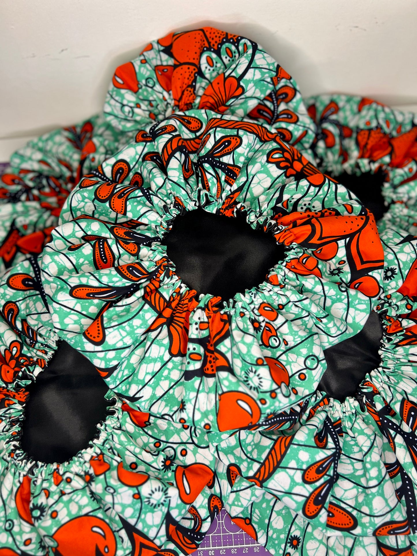 Handmade Mint & Orange African Print Satin Bonnet