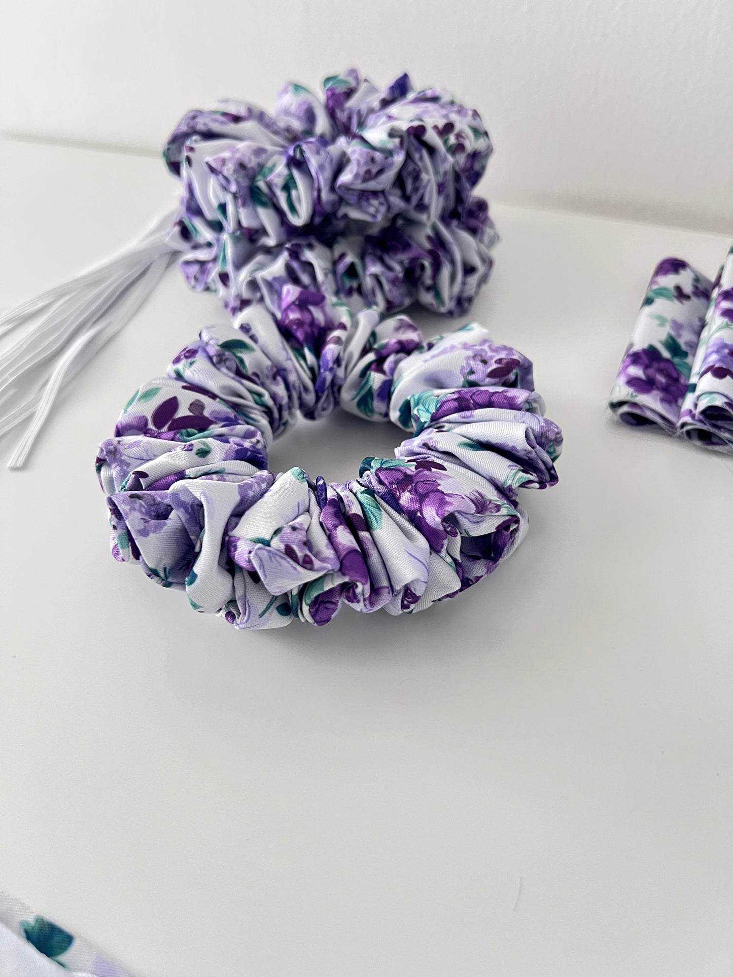 Purple Floral Satin Scrunchie