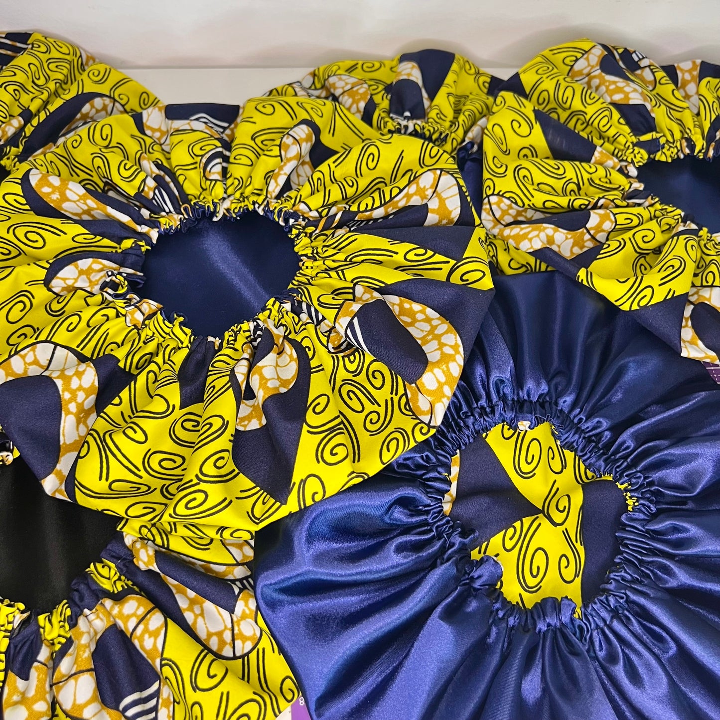 Handmade African Print Satin Bonnet – Yellow & Navy Blue Reversible Sleep Cap