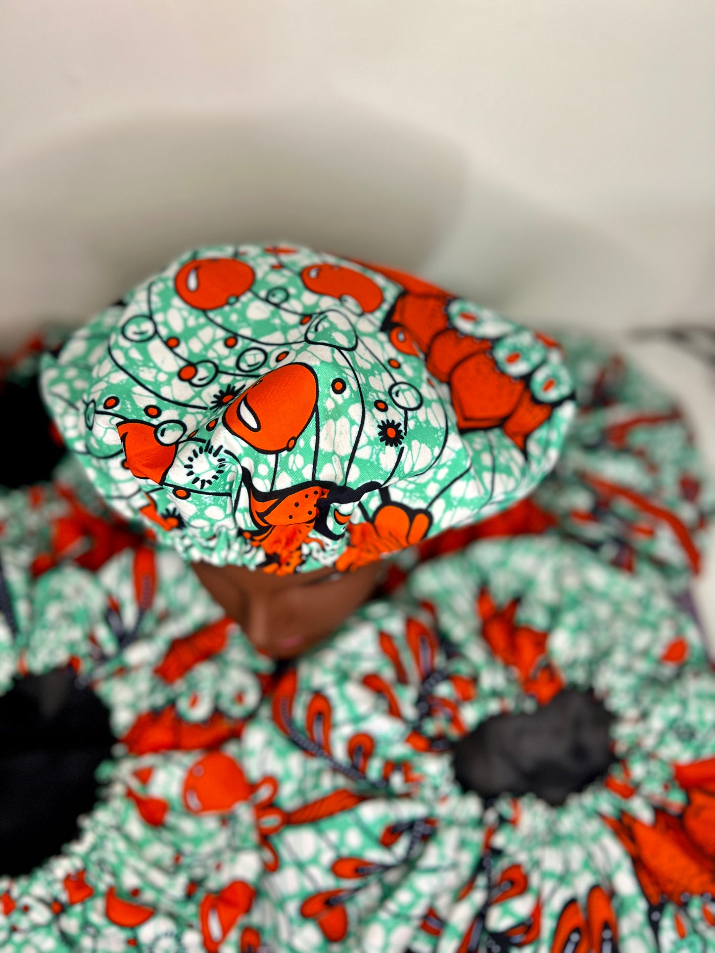Handmade Mint & Orange African Print Satin Bonnet