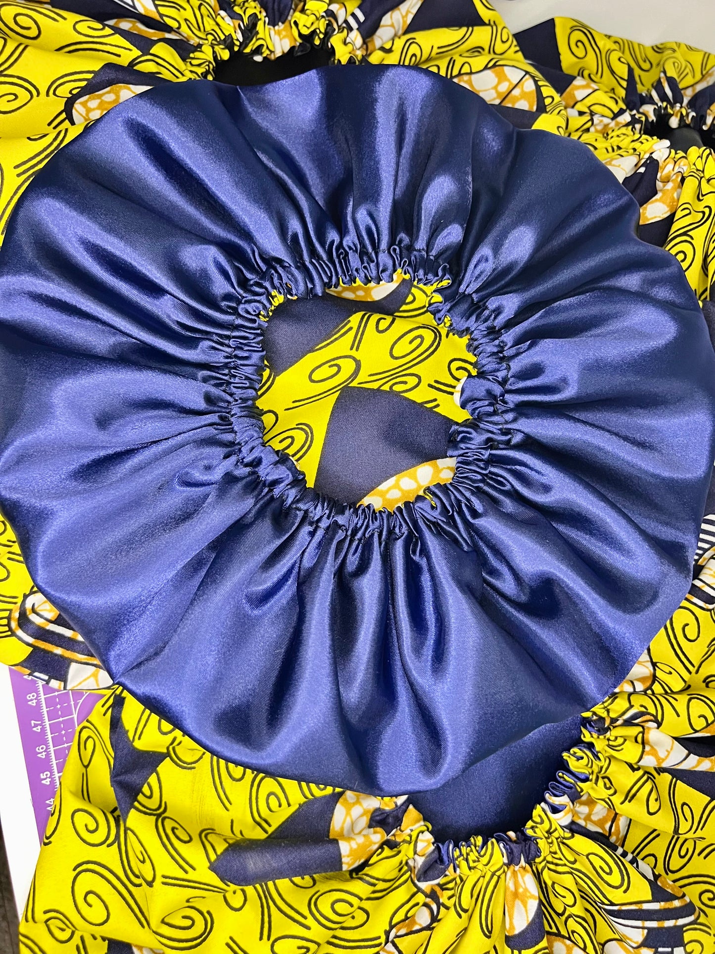 Handmade African Print Satin Bonnet – Yellow & Navy Blue Reversible Sleep Cap