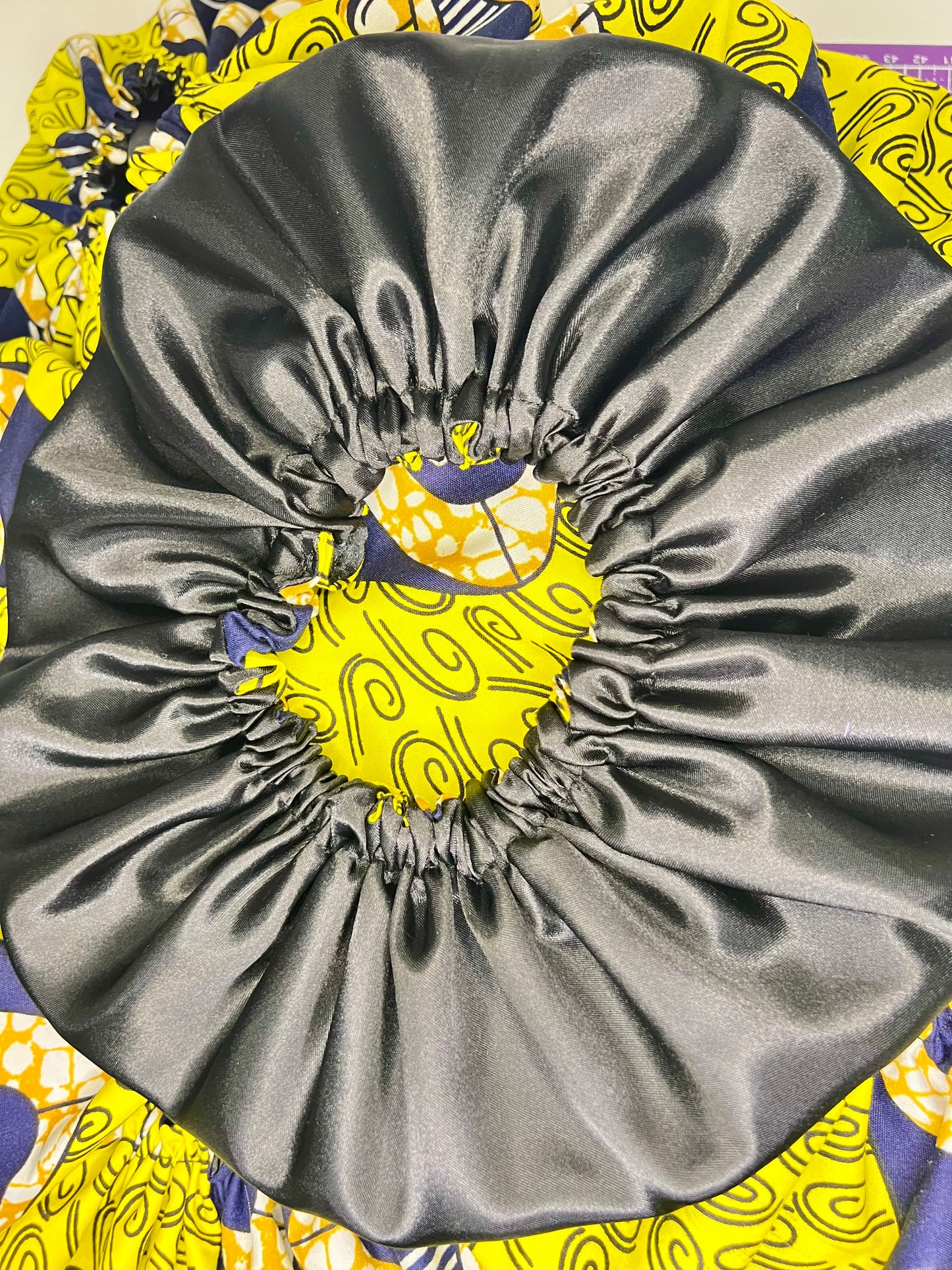 Handmade African Print Satin Bonnet – Yellow & Black Reversible Sleep Cap